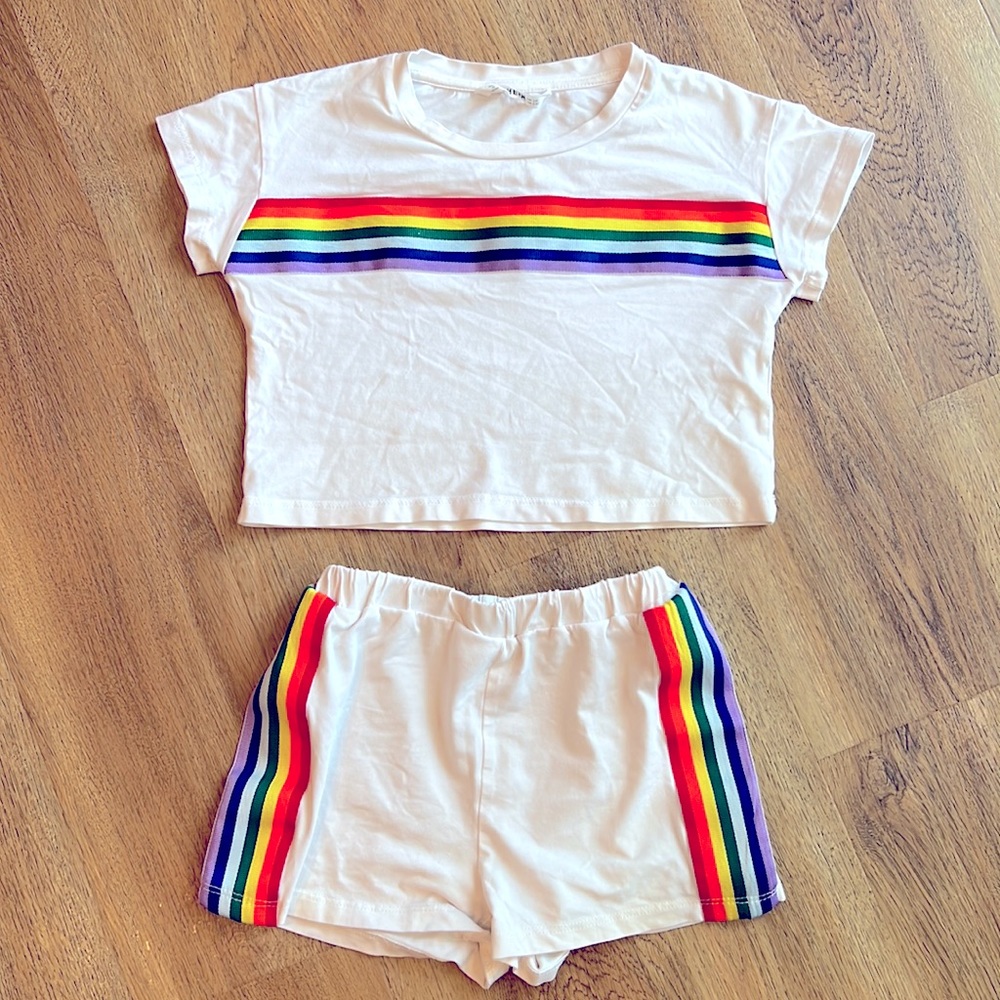SHEIN White Rainbow Striped Print Top and Shorts Set - size 5/6 - cropped top